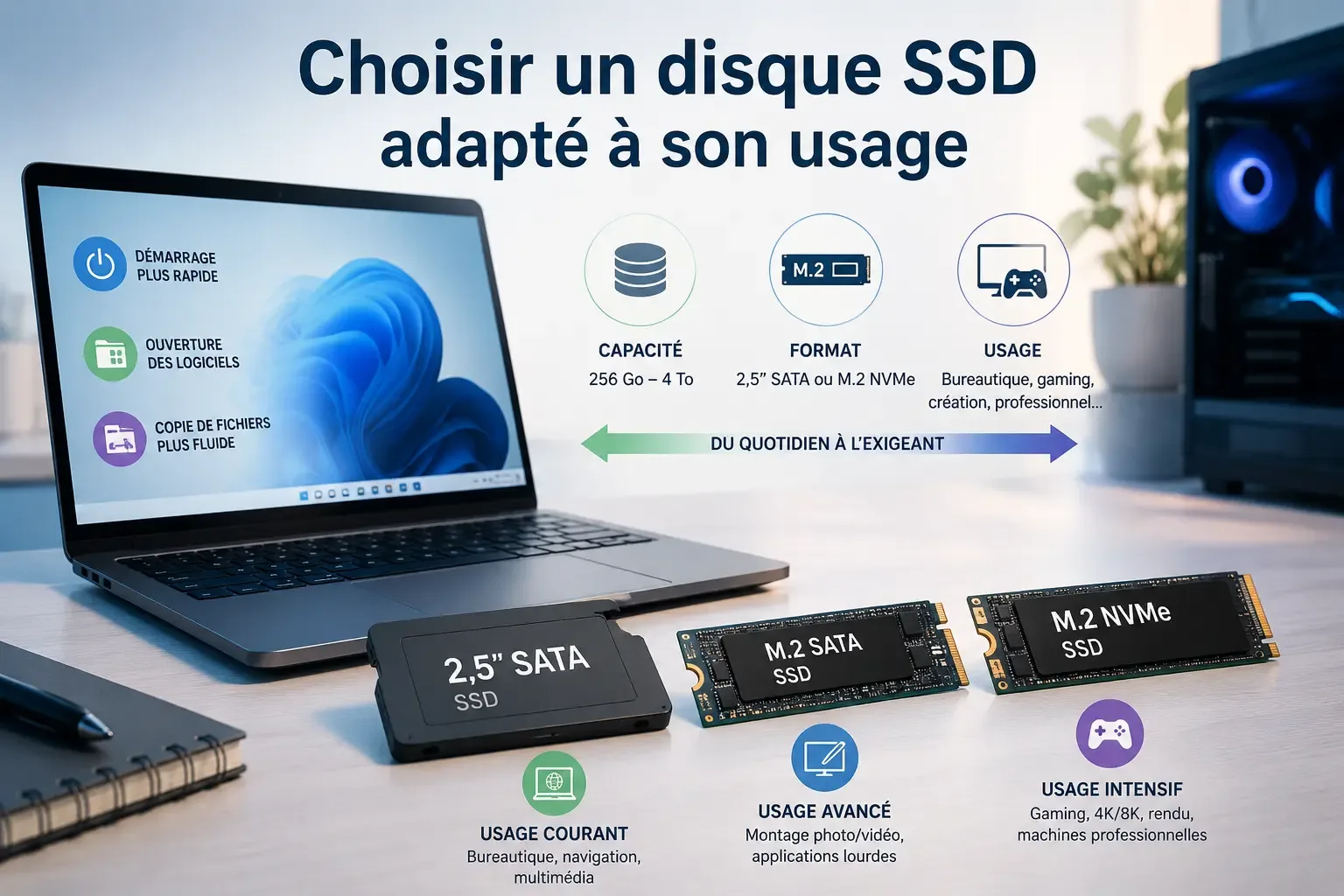 Comparatif des formats de SSD : 2,5 pouces SATA, M.2 SATA et M.2 NVMe, avec les usages associés